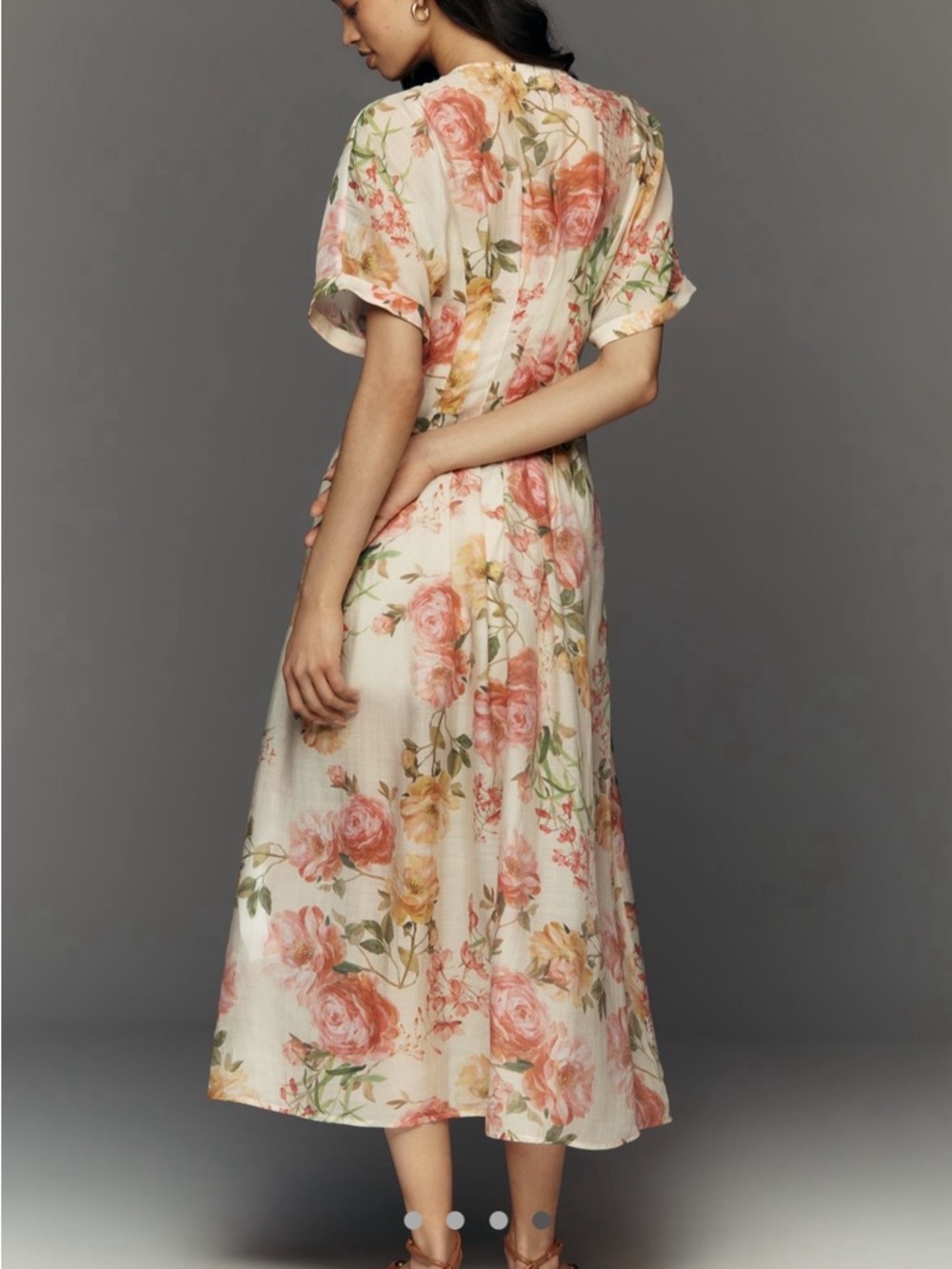 Floral V-Neck Button Front Midi Dress - Cream with Pink Roses - Picture 4 of 10